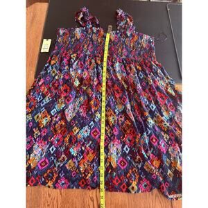 Terra & Sky Sundress Geometric Smocked Ruffle Straps Multicolor Long 1X Women